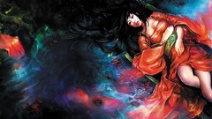 Woman kimono long hair black hair digital art