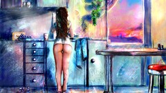 Woman kitchen lingerie brunettes Oil Painting