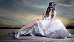 Woman lakes brunettes brides photo art