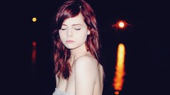 Woman lakes reflections shoulders brunettes cleavage