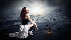Woman lanterns corset redheads leather boots