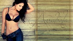 Woman leather gloves long hair lingerie brunettes bra black 