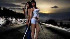 Woman legs asians brunettes girls with guns girls with swords