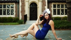 Woman legs outdoors brunettes blue dress