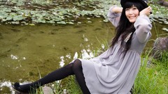 Woman legs stockings asians lingerie brunettes pantyhose bangs 