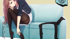 Woman legs stockings jackets couch long hair anime girls 