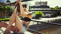 Woman legs tattoos brunettes denim clothing