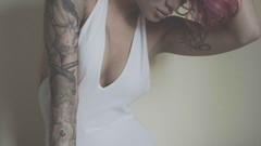 Woman legs tattoos pink hair models boobs