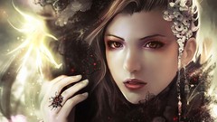 Woman lights sparks rings shining brown eyes brunettes artwork 