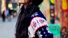 Woman lights wool hats outdoors brunettes cityscapes pierced 