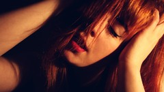 Woman lips faces redheads hands on head