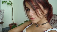 Woman lips faces stripes earrings green eyes brunettes