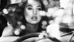 Woman lips hats faces bokeh grayscale