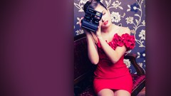 Woman lips red dress couch brunettes polaroid