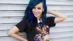 Woman lips t-shirts outdoors blue hair dyed necklaces Dani 