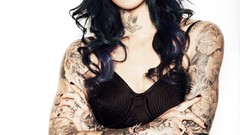 Woman lips white background tattoos brunettes black hair 