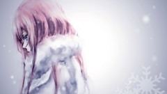 Woman lonely looking down pink hair long hair blue eyes 