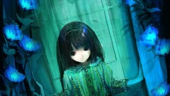 Woman long hair anime girls black hair black eyes blue flowers