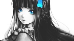 Woman long hair blue eyes black hair