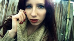 Woman long hair blue eyes brunettes teen sweaters