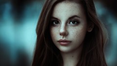 Woman long hair brown eyes brunettes freckles teen