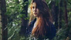 Woman long hair brunettes forests portraits
