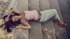 Woman long hair brunettes models high heels