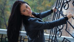 Woman long hair brunettes models ukrainian Leather Jacket Macy B