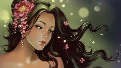 Woman long hair flower in hair artwork fantasy art