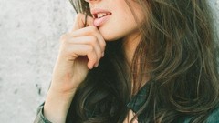 Woman long hair green eyes brunettes models cleavage