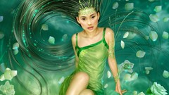 Woman long hair green hair artwork fantasy art