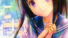 Woman long hair school uniforms bangs black hair purple eyes 