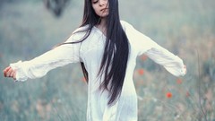 Woman long hair white dress