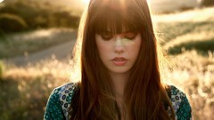 Woman looking down fields brunettes bangs low resolution auburn 