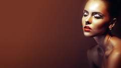 Woman makeup closed eyes brunettes red lipstick