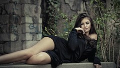 Woman makeup legs smiling brunettes models black dress