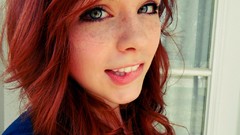 Woman makeup lips faces smiling long hair green eyes freckles 