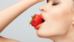 Woman makeup lips faces strawberries closed eyes