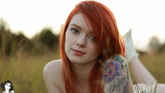 Woman makeup tattoos long hair green eyes redheads Lass 
