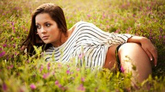 Woman meadows outdoors brunettes lying down
