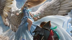 Woman meadows wings feathers Knights armor blondes angels 