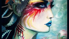 Woman mermaid fish paintings hunting drawings multicolor blue 