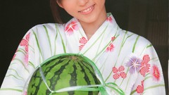 Woman models watermelons asians