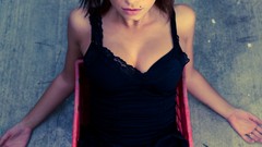 Woman mole blue eyes brunettes cleavage looking up Sierra Love