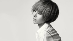 Woman monochrome asians short hair bangs Simple Background