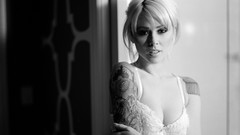 Woman monochrome blondes tattoos bra cleavage alysha nett