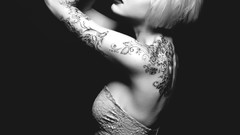 Woman monochrome blondes tattoos lingerie bra boobs Simple 