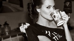 Woman monochrome brunettes drinking coffee cups