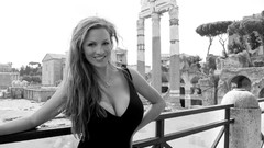 Woman monochrome brunettes models black dress cleavage 