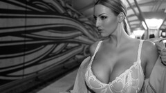 Woman monochrome brunettes models bra greyscale huge boobs 